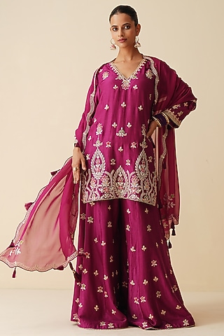 Wine Pure Chanderi Silk Sequins Embellished Sharara Set by Zari Dorie