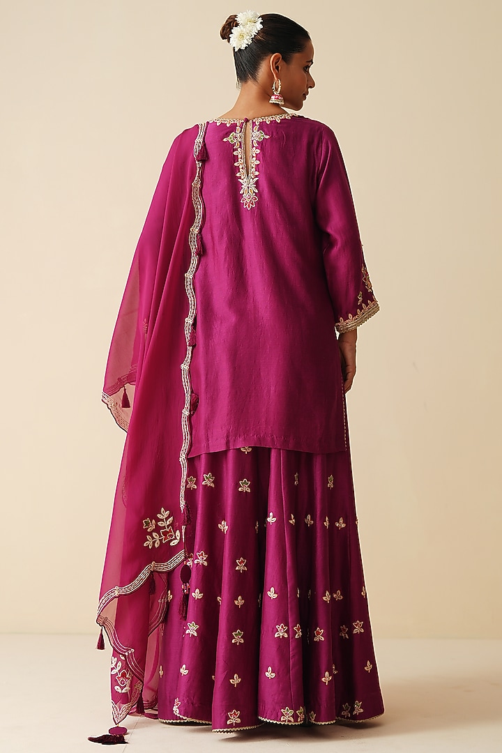 Wine Pure Chanderi Silk Sequins Embellished Wedding Sharara Set by Zari Dorie at Pernia's Pop Up Shop