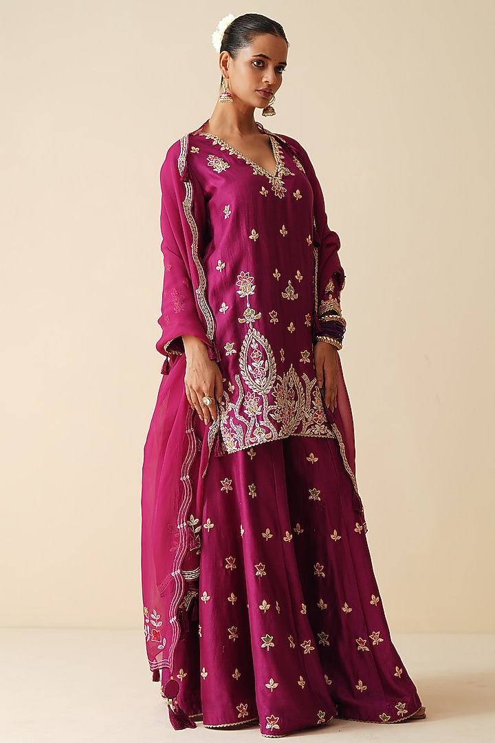 Wine Pure Chanderi Silk Sequins Embellished Wedding Sharara Set by Zari Dorie at Pernia's Pop Up Shop