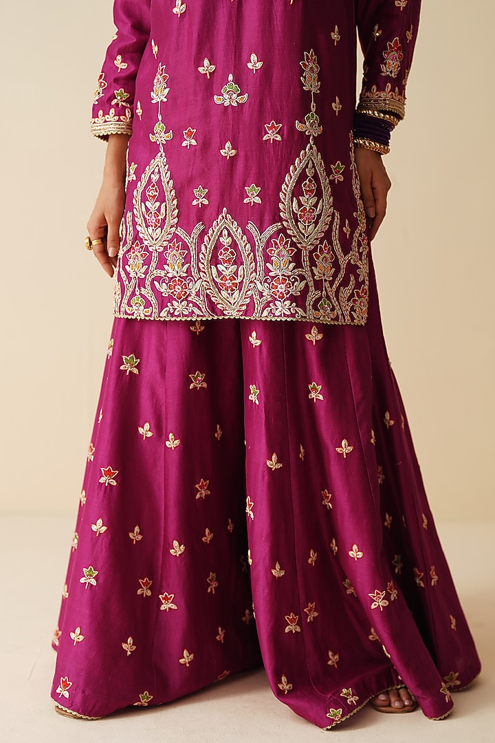 Wine Pure Chanderi Silk Sequins Embellished Wedding Sharara Set by Zari Dorie at Pernia's Pop Up Shop