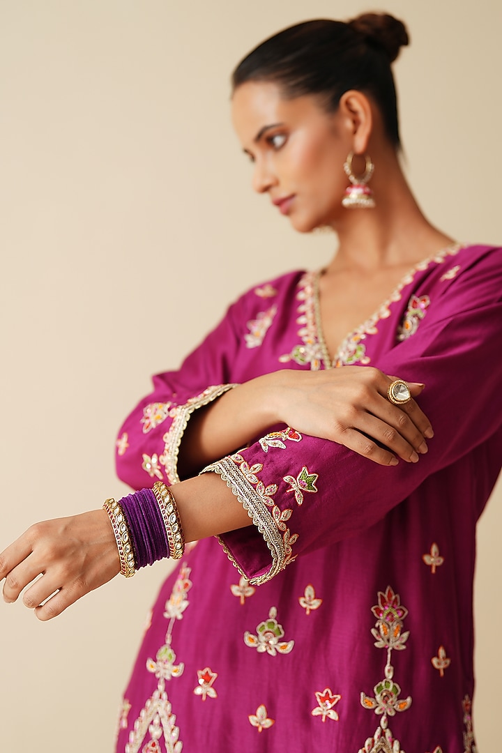 Wine Pure Chanderi Silk Sequins Embellished Wedding Sharara Set by Zari Dorie at Pernia's Pop Up Shop