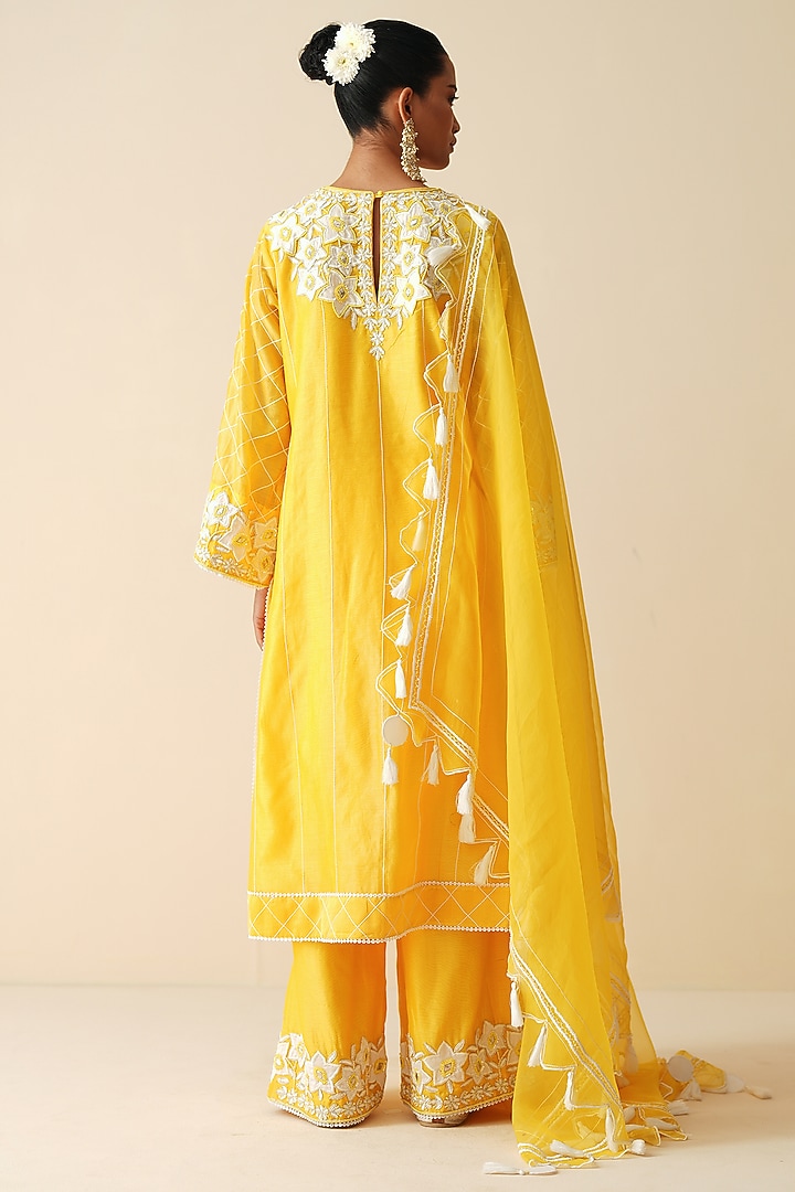 Yellow Pure Chanderi Silk Embroidered Kurta Set by Zari Dorie at Pernia's Pop Up Shop