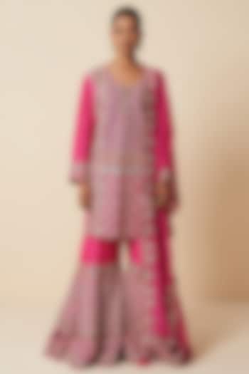 Fuchsia Pink Pure Chanderi Silk Sequins Embellished Bridal Sharara Set by Zari Dorie at Pernia's Pop Up Shop