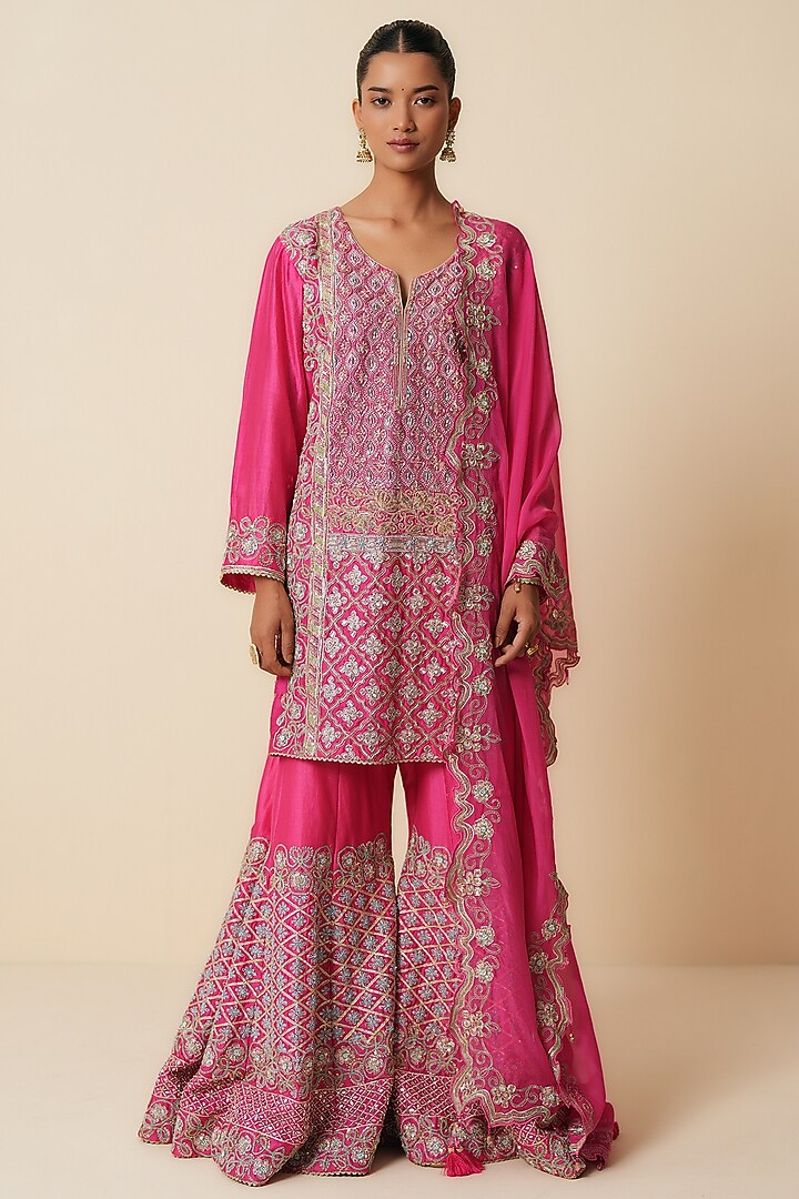 Fuchsia Pink Pure Chanderi Silk Sequins Embellished Bridal Sharara Set by Zari Dorie at Pernia's Pop Up Shop