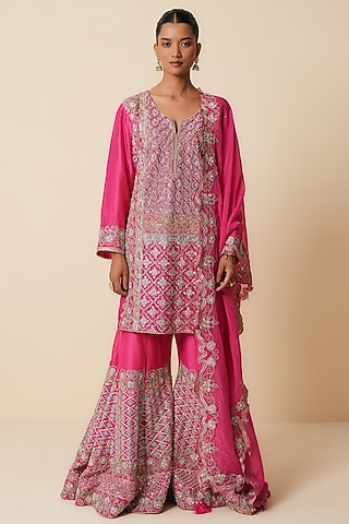 Fuchsia Pink Pure Chanderi Silk Sequins Embellished Sharara Set by Zari Dorie