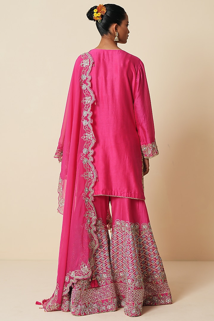 Fuchsia Pink Pure Chanderi Silk Sequins Embellished Bridal Sharara Set by Zari Dorie at Pernia's Pop Up Shop