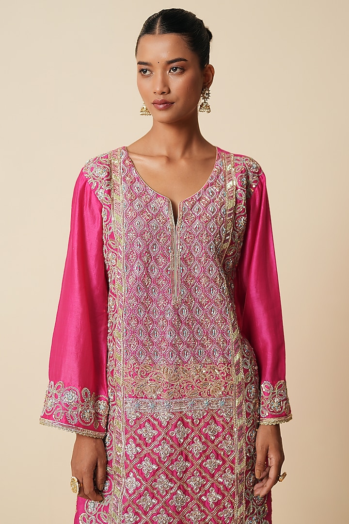 Fuchsia Pink Pure Chanderi Silk Sequins Embellished Bridal Sharara Set by Zari Dorie at Pernia's Pop Up Shop