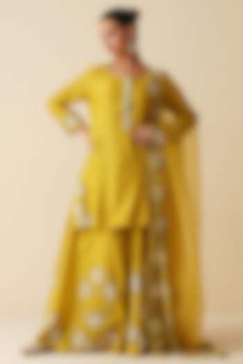 Light Mehndi Green Pure Chanderi Silk Sequins Embellished Wedding Sharara Set by Zari Dorie at Pernia's Pop Up Shop