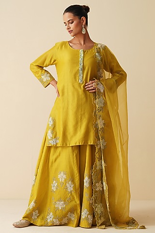 Light Mehndi Green Pure Chanderi Silk Sequins Embellished Sharara Set by Zari Dorie