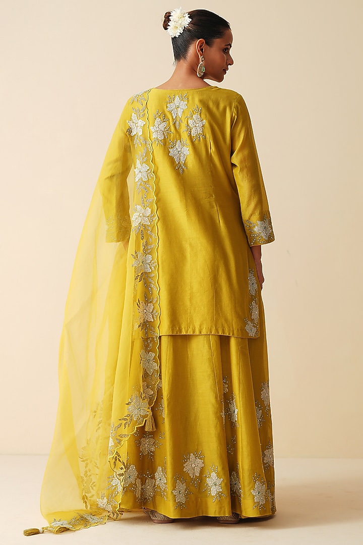 Light Mehndi Green Pure Chanderi Silk Sequins Embellished Wedding Sharara Set by Zari Dorie at Pernia's Pop Up Shop