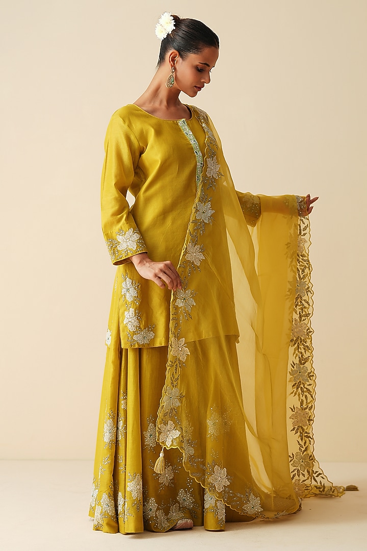 Light Mehndi Green Pure Chanderi Silk Sequins Embellished Wedding Sharara Set by Zari Dorie at Pernia's Pop Up Shop