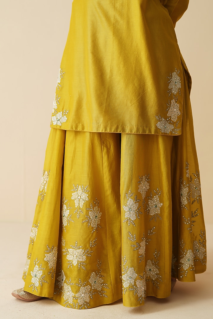 Light Mehndi Green Pure Chanderi Silk Sequins Embellished Wedding Sharara Set by Zari Dorie at Pernia's Pop Up Shop