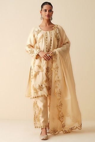 Beige Pure Chanderi Silk Embroidered Kurta Set by Zari Dorie