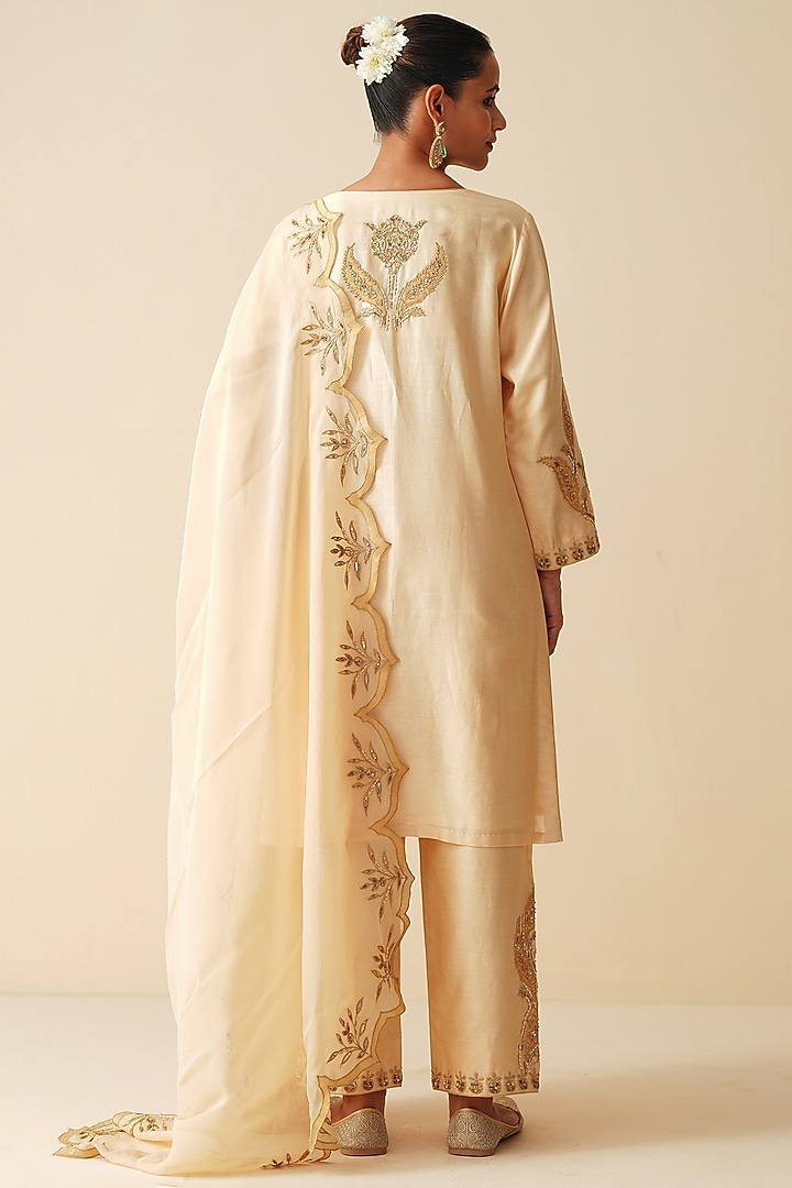 Beige Pure Chanderi Silk Embroidered Kurta Set by Zari Dorie at Pernia's Pop Up Shop