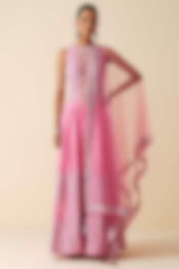 Bright Pink Pure Chanderi Silk Embroidered Wedding Sharara Set by Zari Dorie at Pernia's Pop Up Shop