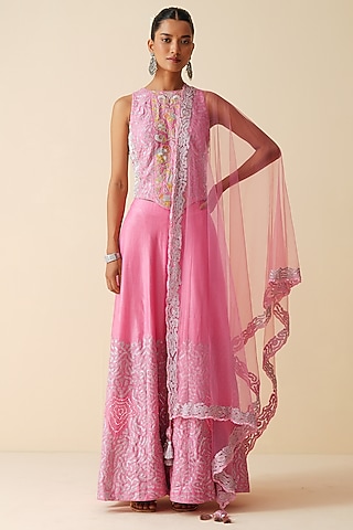 Bright Pink Pure Chanderi Silk Embroidered Sharara Set by Zari Dorie