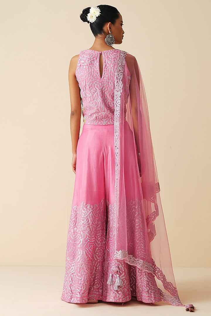 Bright Pink Pure Chanderi Silk Embroidered Wedding Sharara Set by Zari Dorie at Pernia's Pop Up Shop