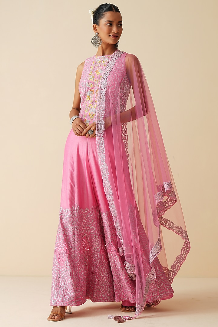 Bright Pink Pure Chanderi Silk Embroidered Wedding Sharara Set by Zari Dorie at Pernia's Pop Up Shop
