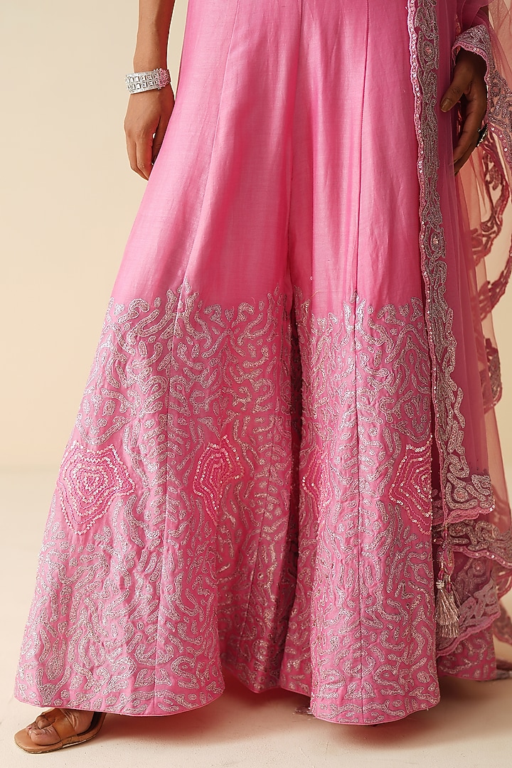 Bright Pink Pure Chanderi Silk Embroidered Wedding Sharara Set by Zari Dorie at Pernia's Pop Up Shop
