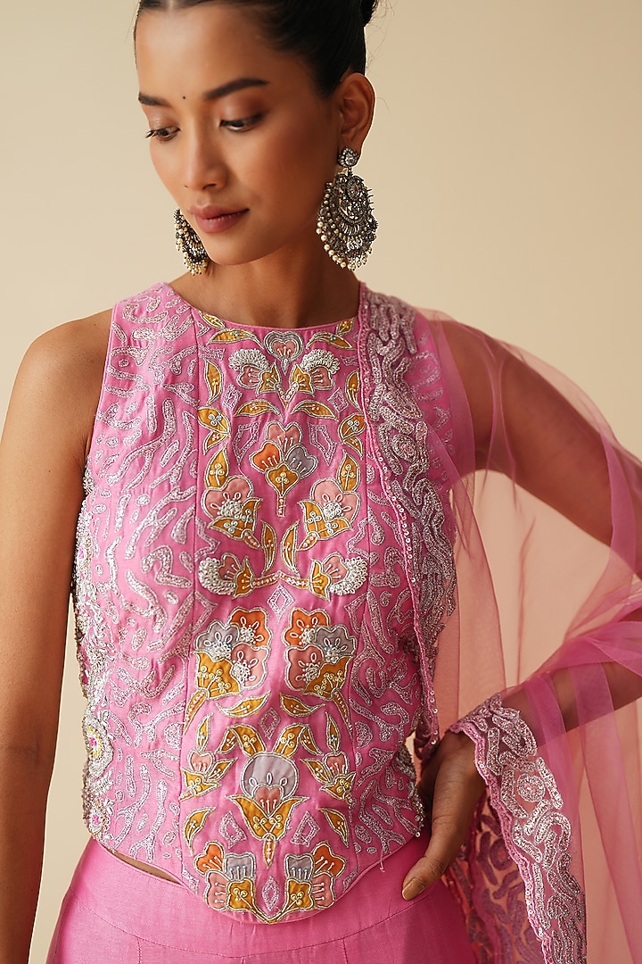 Bright Pink Pure Chanderi Silk Embroidered Wedding Sharara Set by Zari Dorie at Pernia's Pop Up Shop