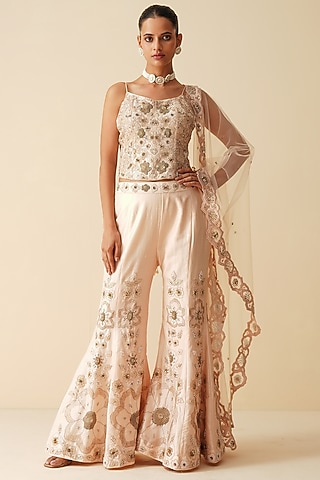 Soft Light Peach Pure Chanderi Silk Embroidered Sharara Set by Zari Dorie