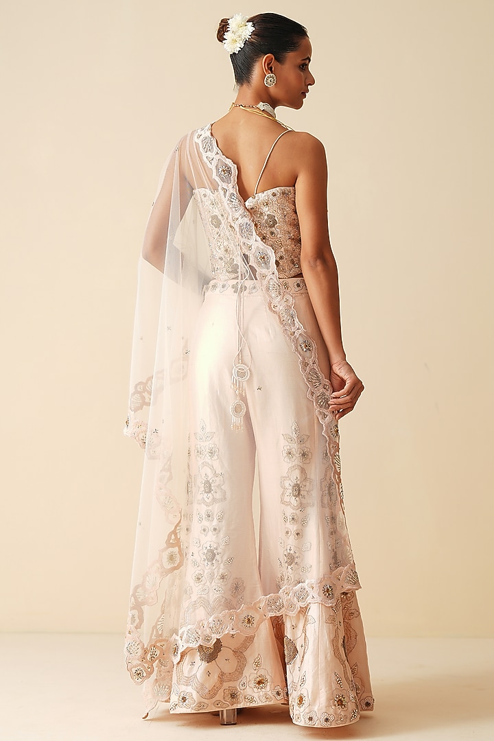 Soft Light Peach Pure Chanderi Silk Embroidered Bridal Sharara Set by Zari Dorie at Pernia's Pop Up Shop