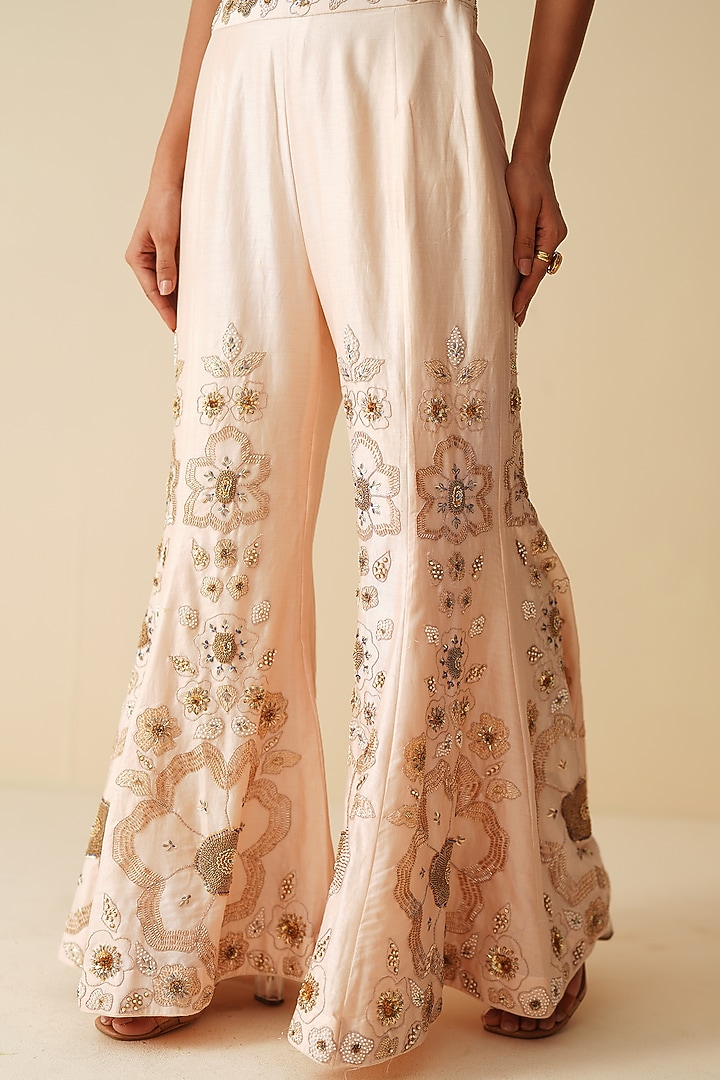 Soft Light Peach Pure Chanderi Silk Embroidered Bridal Sharara Set by Zari Dorie at Pernia's Pop Up Shop