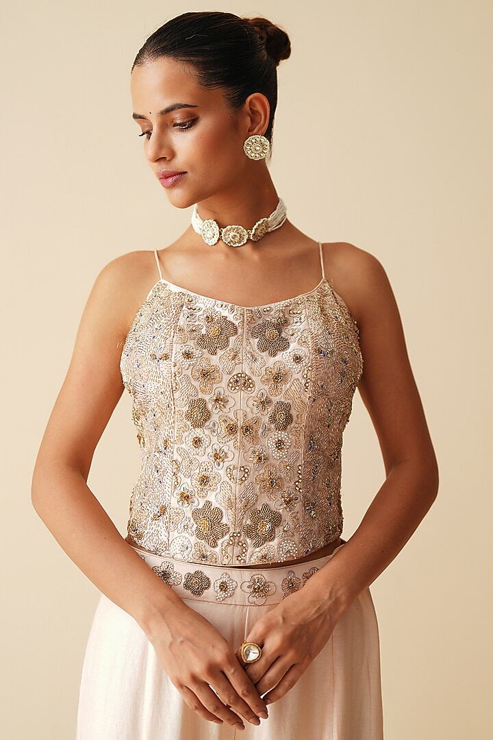 Soft Light Peach Pure Chanderi Silk Embroidered Bridal Sharara Set by Zari Dorie at Pernia's Pop Up Shop