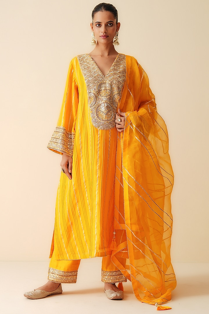 Mustard Orange Pure Chanderi Silk Embellished Kurta Set by Zari Dorie at Pernia's Pop Up Shop