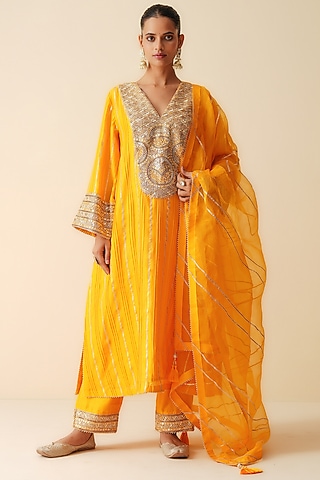 Mustard Orange Pure Chanderi Silk Embellished Kurta Set by Zari Dorie