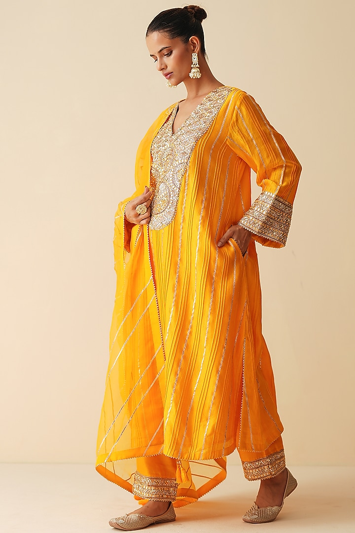 Mustard Orange Pure Chanderi Silk Embellished Kurta Set by Zari Dorie at Pernia's Pop Up Shop