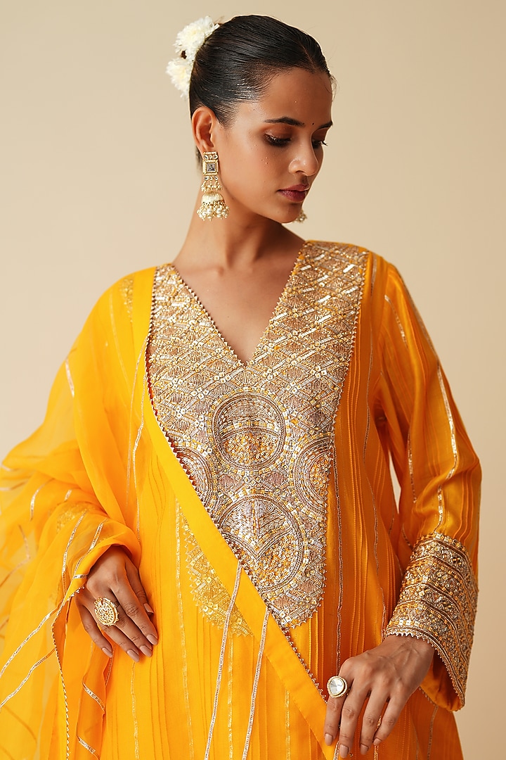 Mustard Orange Pure Chanderi Silk Embellished Kurta Set by Zari Dorie at Pernia's Pop Up Shop