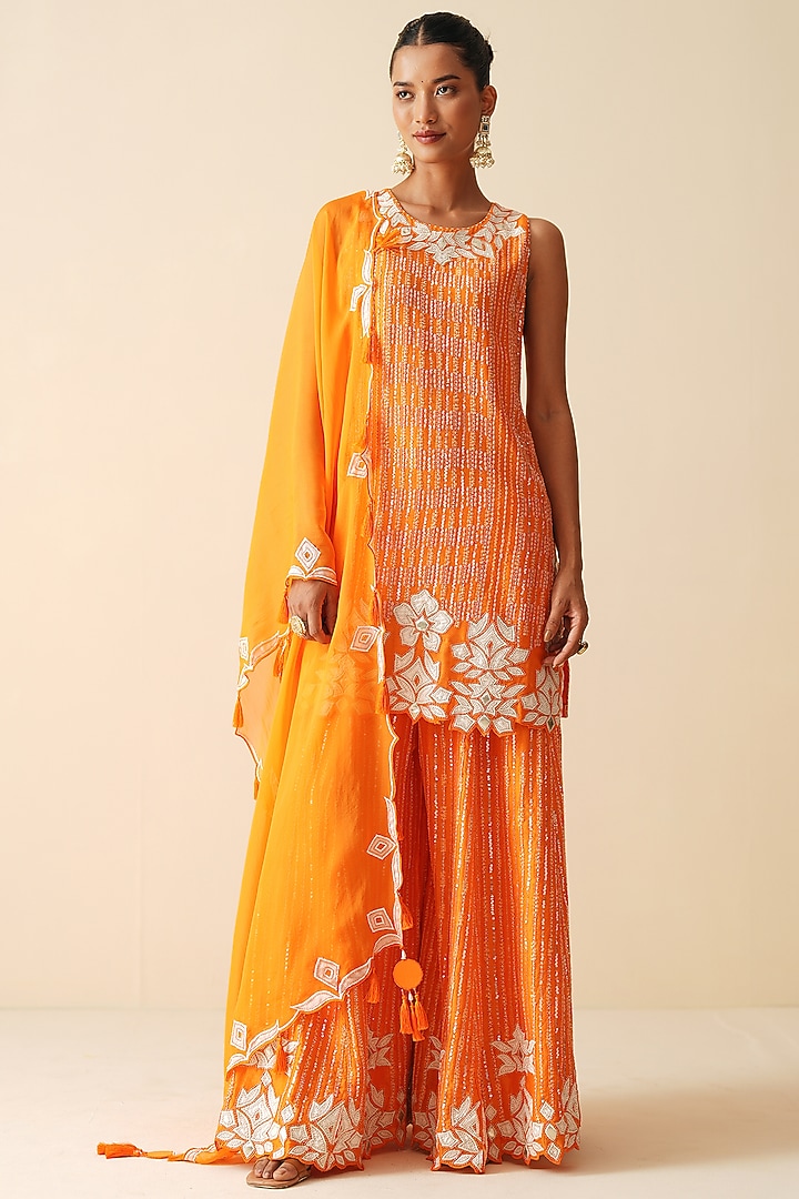 Orange Pure Chanderi Silk Embroidered Wedding Sharara Set by Zari Dorie at Pernia's Pop Up Shop