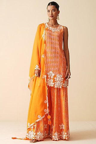 Orange Pure Chanderi Silk Embroidered Sharara Set by Zari Dorie