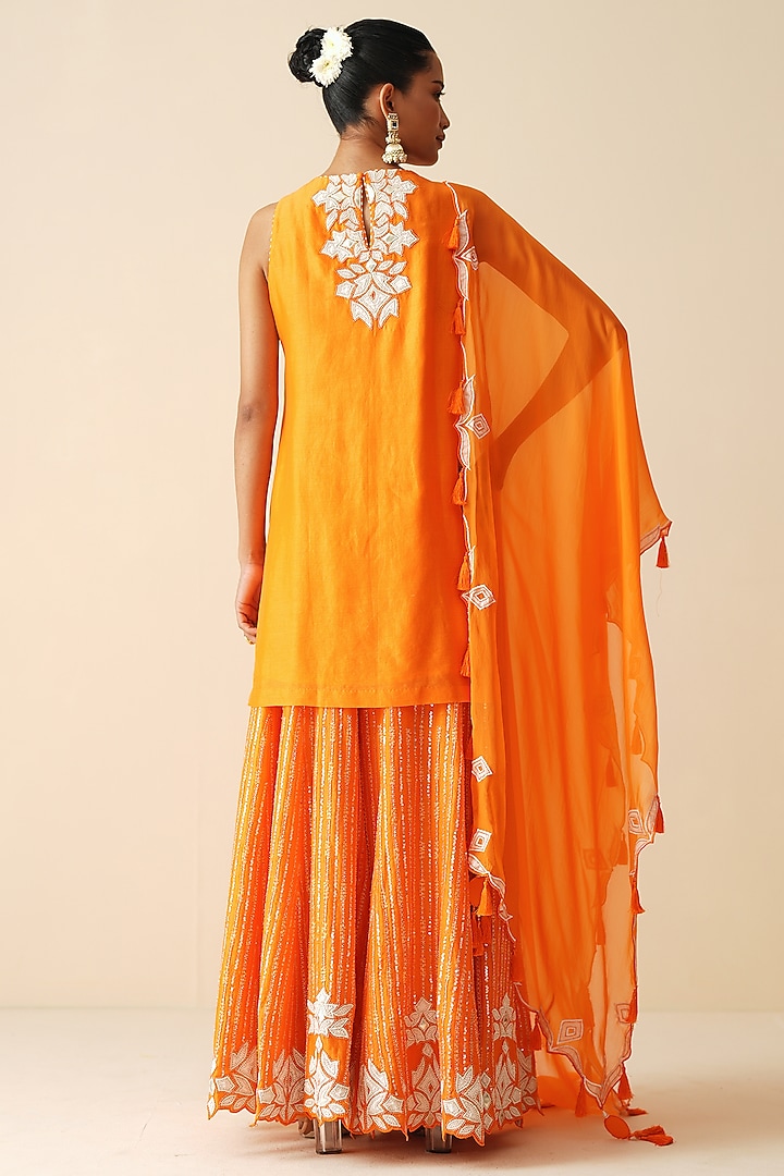 Orange Pure Chanderi Silk Embroidered Bridal Sharara Set by Zari Dorie at Pernia's Pop Up Shop