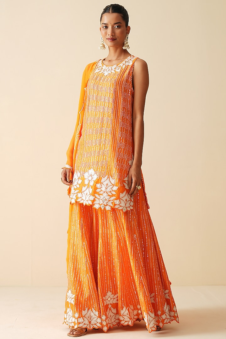 Orange Pure Chanderi Silk Embroidered Bridal Sharara Set by Zari Dorie at Pernia's Pop Up Shop