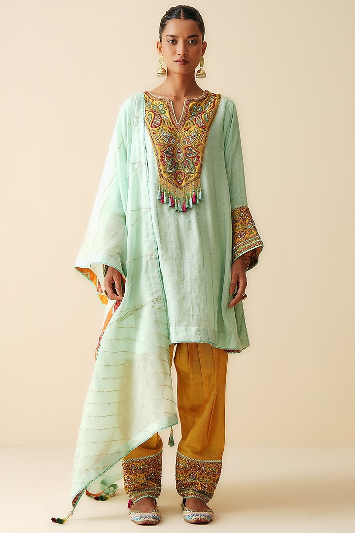 Sea Green & Mustard Mal Chanderi Embellished Kurta Set by Zari Dorie at Pernia's Pop Up Shop