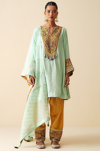 Sea Green & Mustard Mal Chanderi Embellished Kurta Set by Zari Dorie
