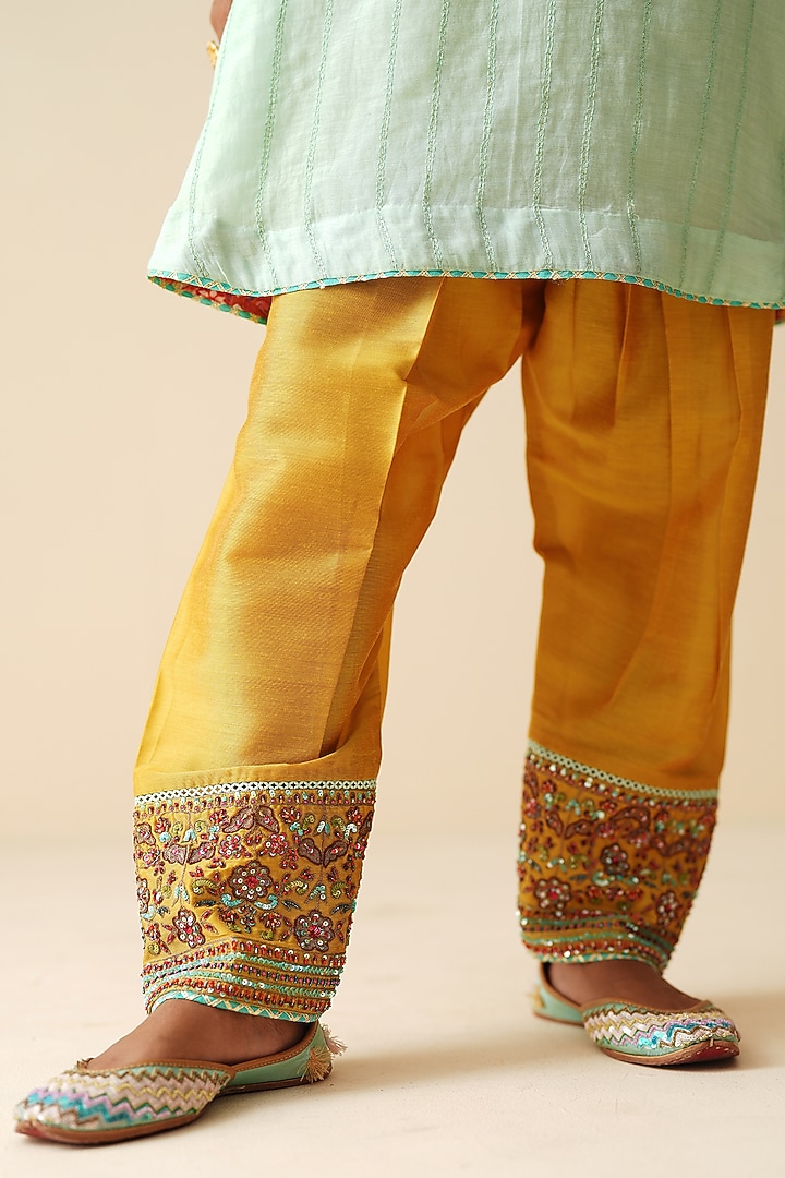 Sea Green & Mustard Mal Chanderi Embellished Kurta Set by Zari Dorie at Pernia's Pop Up Shop