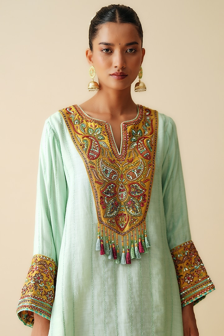 Sea Green & Mustard Mal Chanderi Embellished Kurta Set by Zari Dorie at Pernia's Pop Up Shop