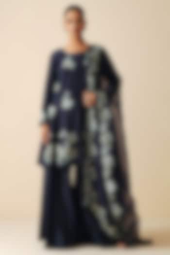 Navy Blue Pure Chanderi Silk Party Wear Sharara Set by Zari Dorie at Pernia's Pop Up Shop