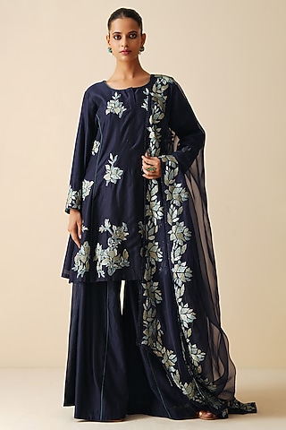 Navy Blue Pure Chanderi Silk Sharara Set by Zari Dorie
