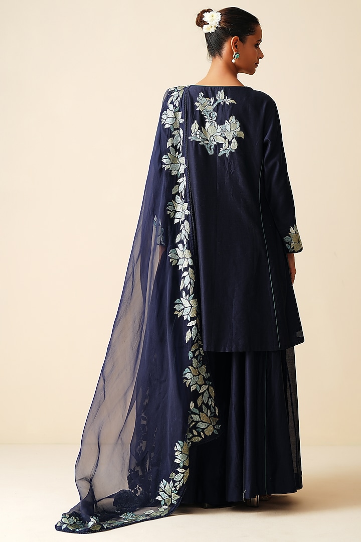 Navy Blue Pure Chanderi Silk Wedding Sharara Set by Zari Dorie at Pernia's Pop Up Shop