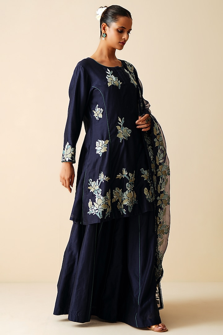 Navy Blue Pure Chanderi Silk Wedding Sharara Set by Zari Dorie at Pernia's Pop Up Shop