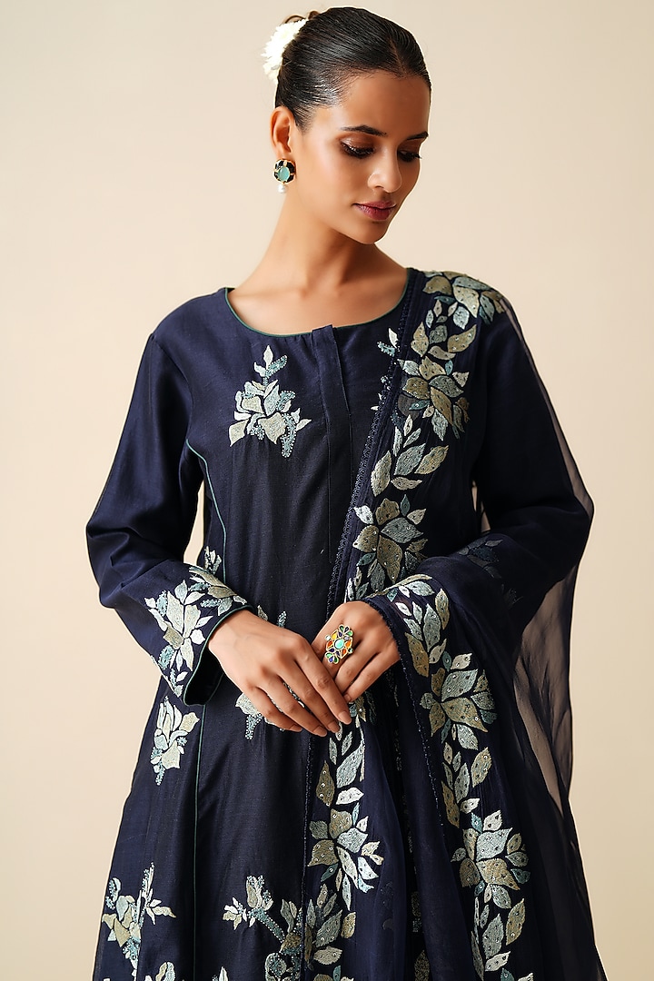 Navy Blue Pure Chanderi Silk Wedding Sharara Set by Zari Dorie at Pernia's Pop Up Shop