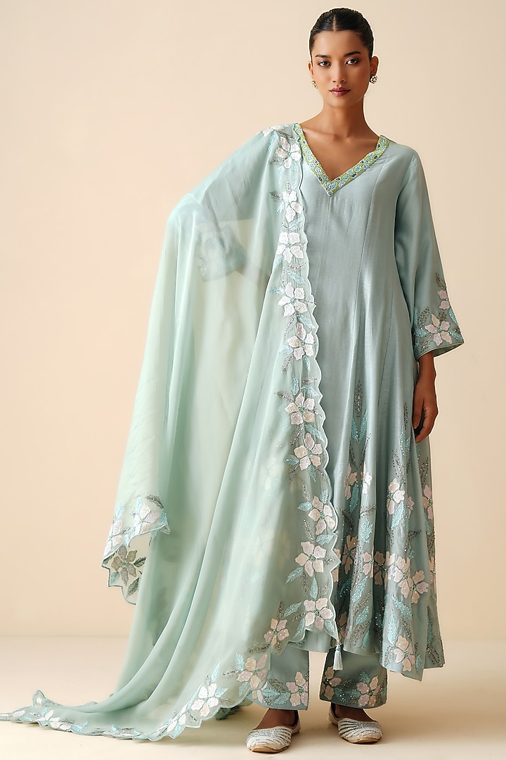 Ice Blue Pure Chanderi Silk Embellished Kurta Set by Zari Dorie at Pernia's Pop Up Shop