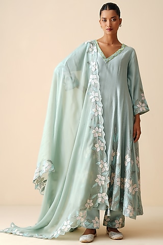 Ice Blue Pure Chanderi Silk Embellished Kurta Set by Zari Dorie