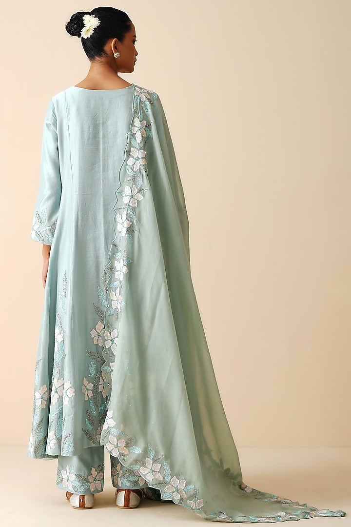 Ice Blue Pure Chanderi Silk Embellished Kurta Set by Zari Dorie at Pernia's Pop Up Shop