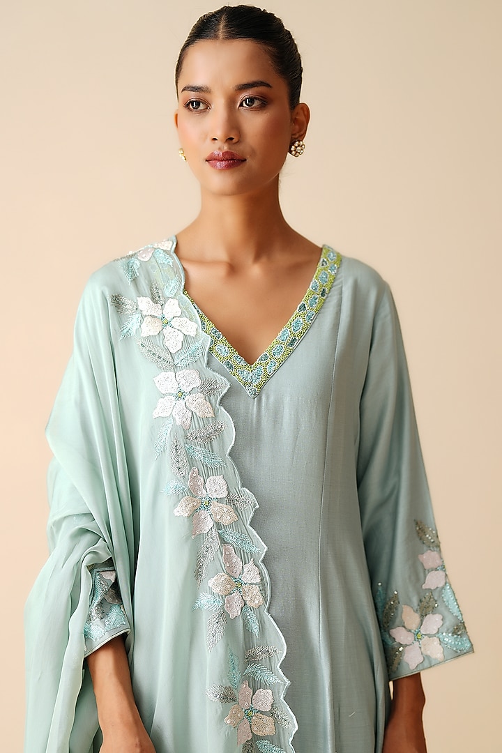 Ice Blue Pure Chanderi Silk Embellished Kurta Set by Zari Dorie at Pernia's Pop Up Shop