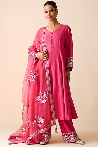 Hot Pink Pure Chanderi Silk Embellished Kurta Set by Zari Dorie